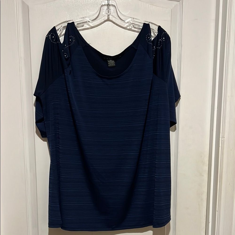 Suzie In The City Blue Relaxed Cold Shoulder Blouse with embellishments